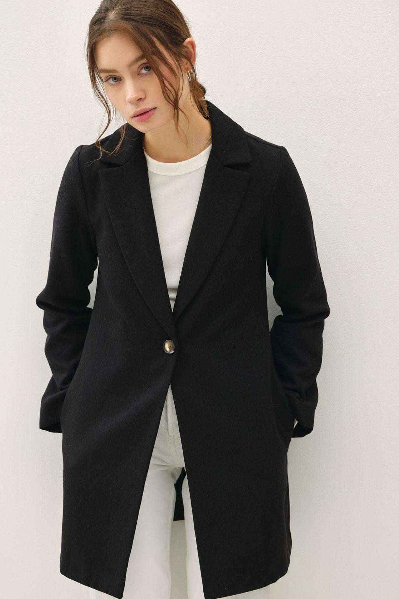 Be Cool Single Button Long Sleeve Coat with Pockets - SwagglyLife Home & Fashion